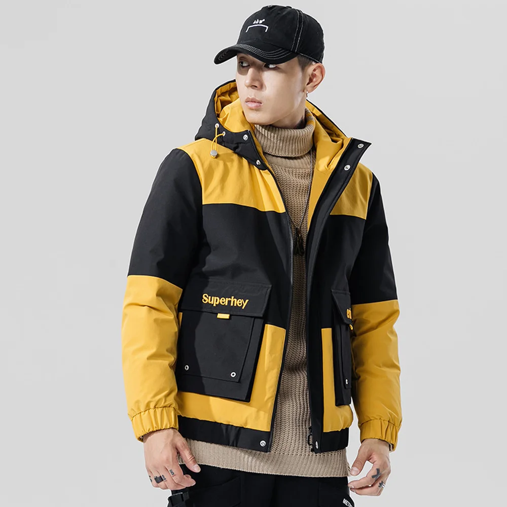 Covrlge Down Jacket Men Duck Down Jacket Thick Winter Warm Jacket Casual Pathwork Color Matching Hooded Men Coat Us Size MWY035