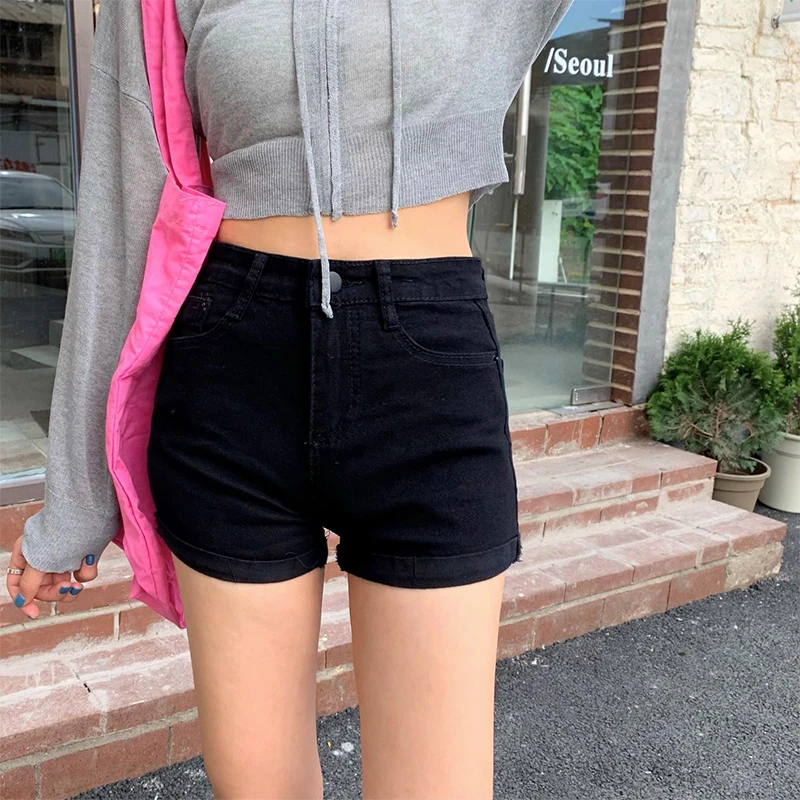 

Hzirip 2021 Sexy High Waist New Summer Skinny Button Fly Packets Denim Jeans Solid Fashion Casual All-Match Loose A-Line Shorts