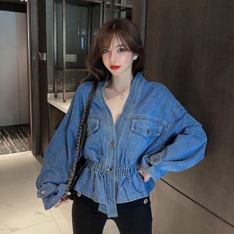 

Fashion Denim Batwing Long Sleeve Women Blouse Casual Fall Winter V-Neck Short Blouse Shirts YOU1536
