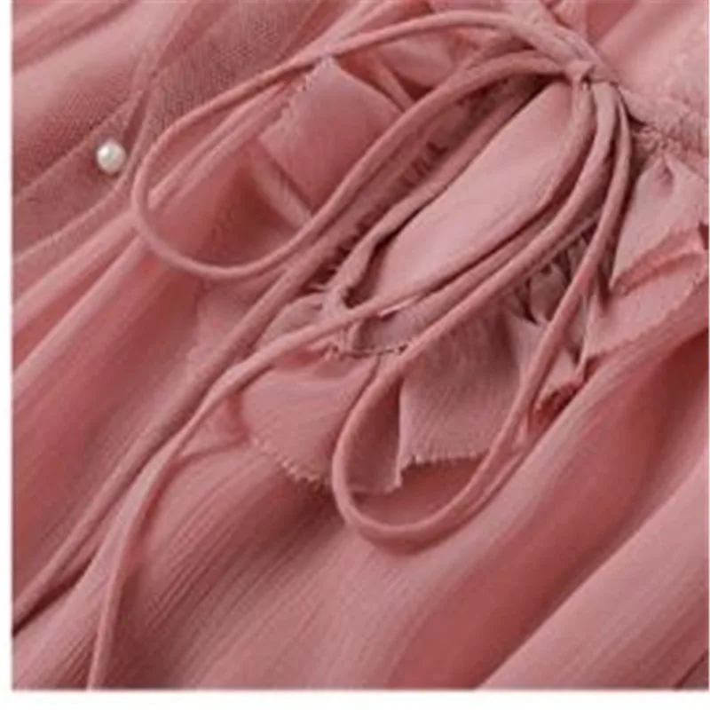 

Sweet Mesh Women Blouse Chiffon Spring Long Sleeve Tops Female Pearl Lace-Up Slim Women Shirts Basic2020New Women Clothing H411