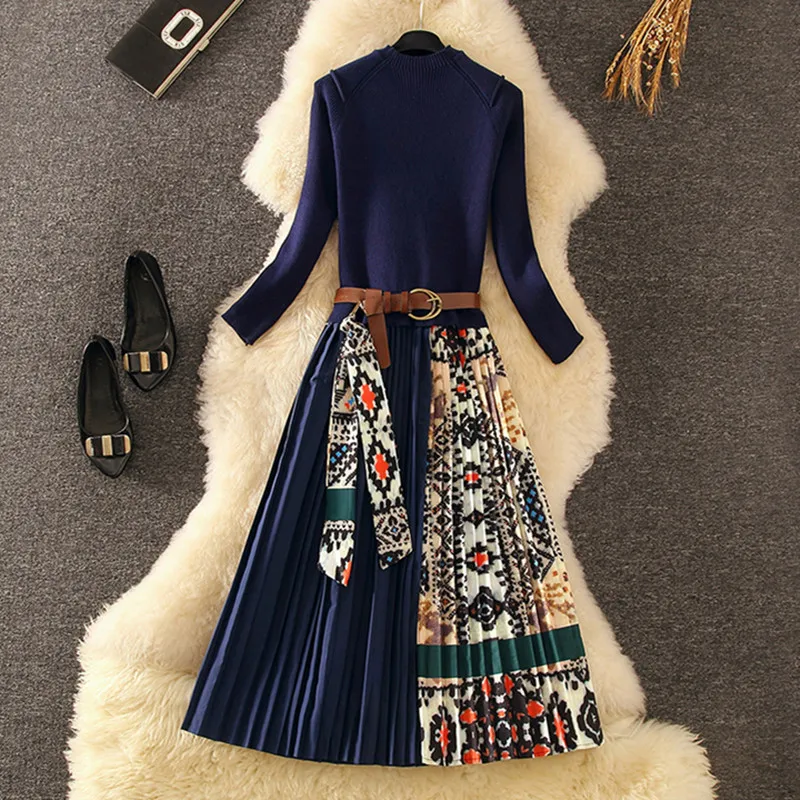 

Elegant Knitted Patchwork Pleated Midi Dress 2020 Fall Winter Fashion Women Long Sleeve Ethnic Retro Printing Pleated Dress