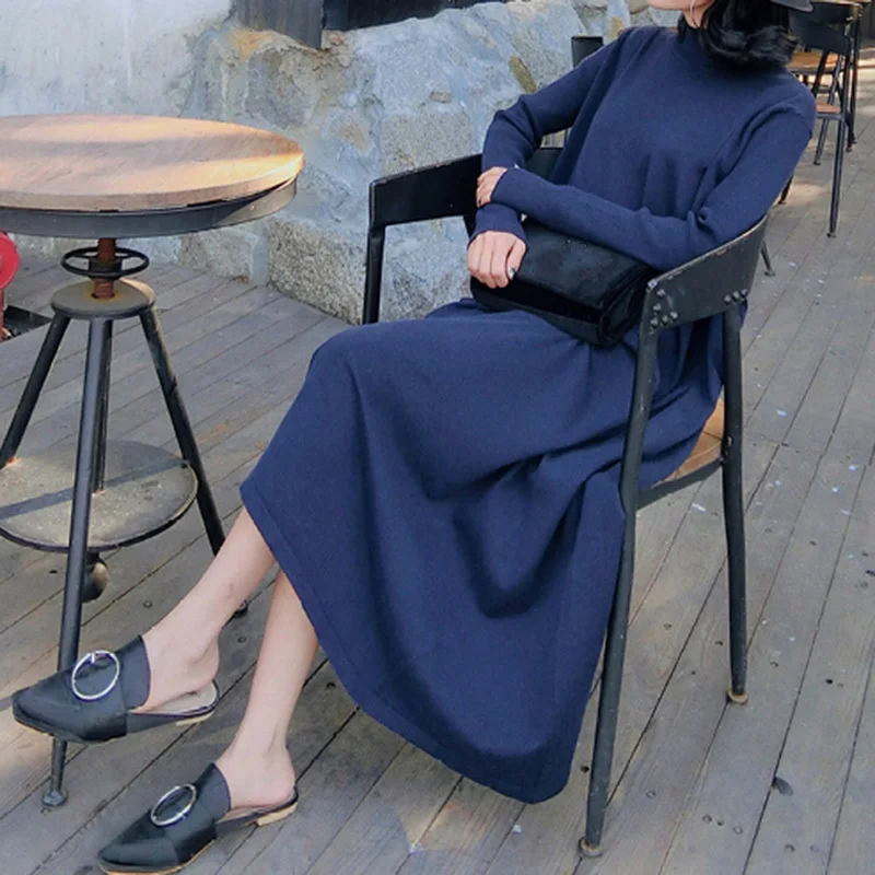 

Multicolor Long Women Blue Knitting Dress New Turtleneck Long Sleeve Loose Fit Fashion Tide Autumn Winter 2021 1DD3409