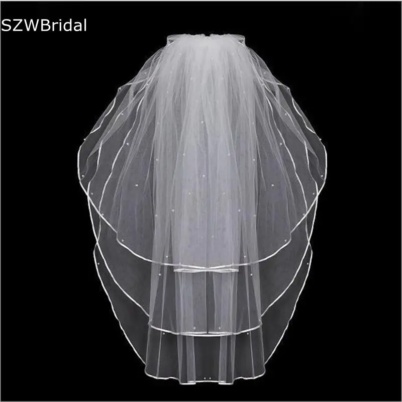 

White Ivory Wedding veils Beaded Pearls Three Layer Cheap Bridal Veil Matrimonio Boda Wedding accessories 2023 mariage