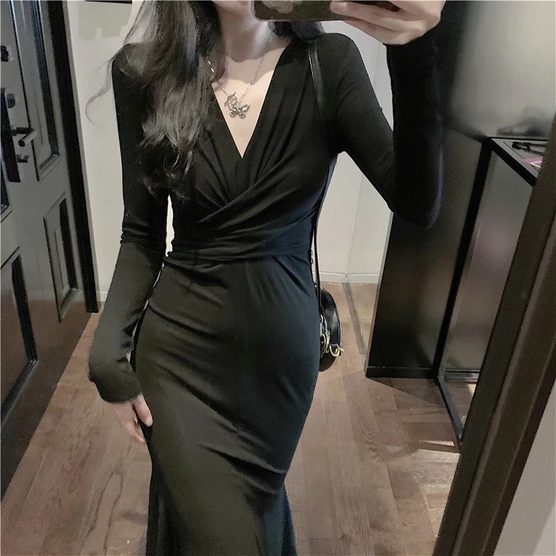 

Solid Sexy Midi Dress Women Office Lady V-neck Design Elegant Dress Casual Evening Party One Piece Dress Korean 2021 Autumn Chic