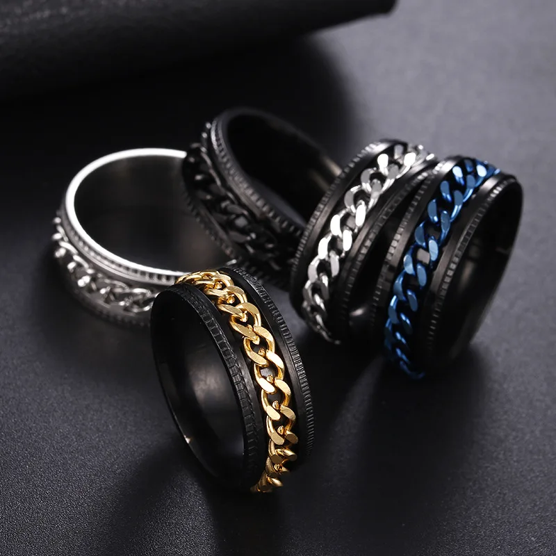 

Cool Stainless Steel Rotatable Rings for Men Bottle Ring Opener Spinner Chain High Quality Punk Women Black New Jewelry Bar Tool