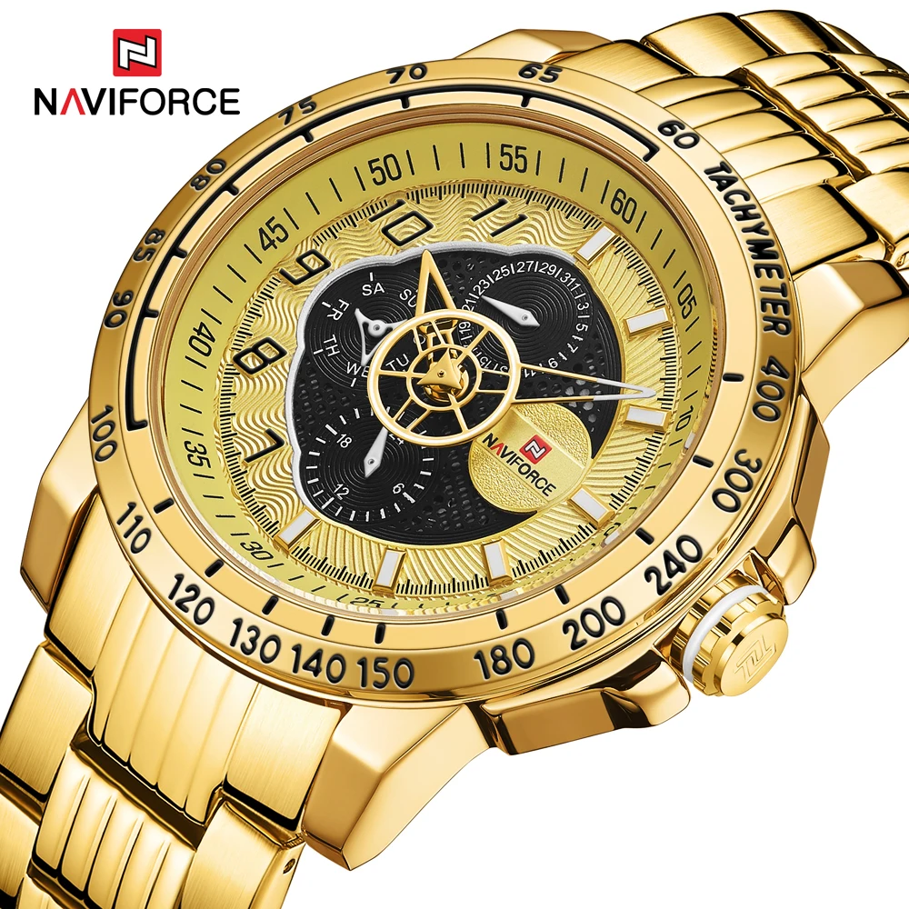Часы наручные NAVIFORCE Мужские кварцевые многофункциональные золотистые модные