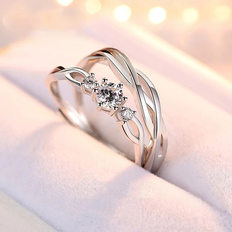 

3A Zircon S925 Sterling Silver Couples Promise Ring 2021 Twisted Pattern Opening Adjustable Wedding Rings Fine Jewelry for Lover