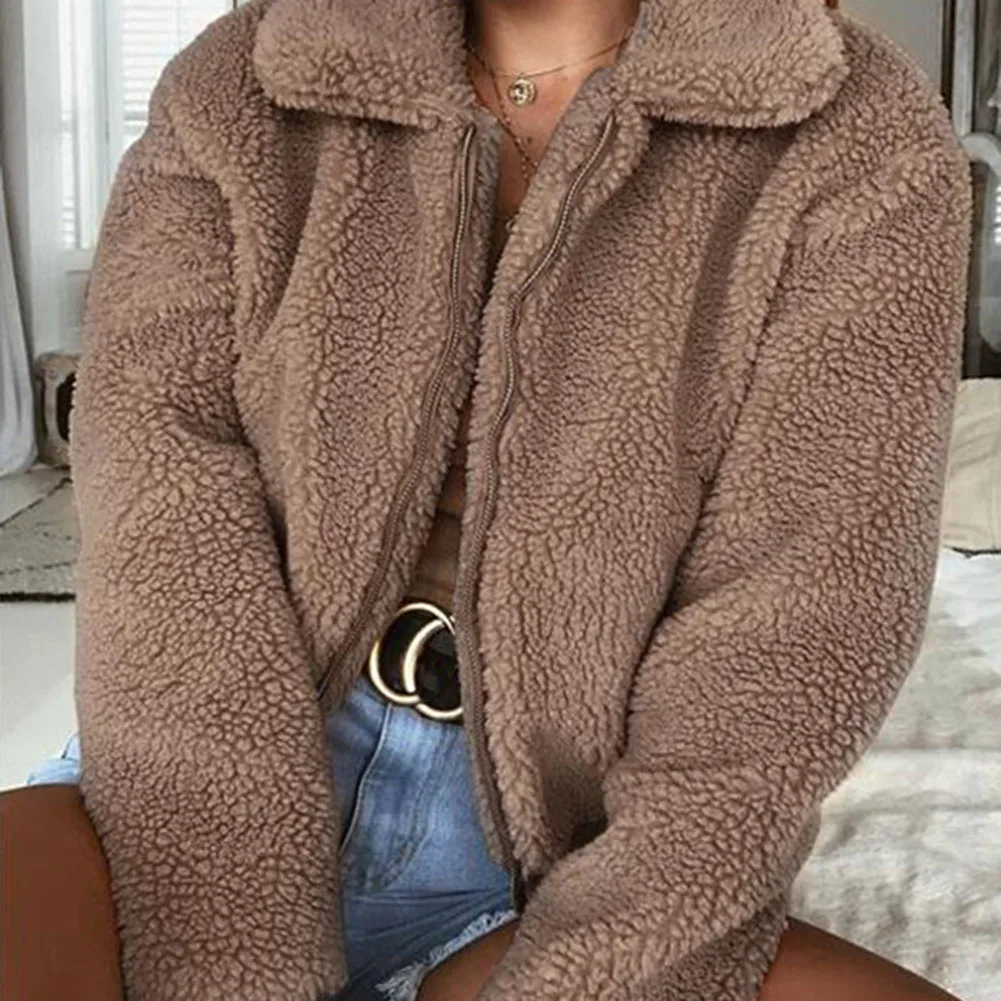 2019 Autumn Winter Faux Fur Coat Women Warm Soft Zipper Jacket Female Plush Overcoat Pocket Casual Elegant Teddy Outwear | Женская