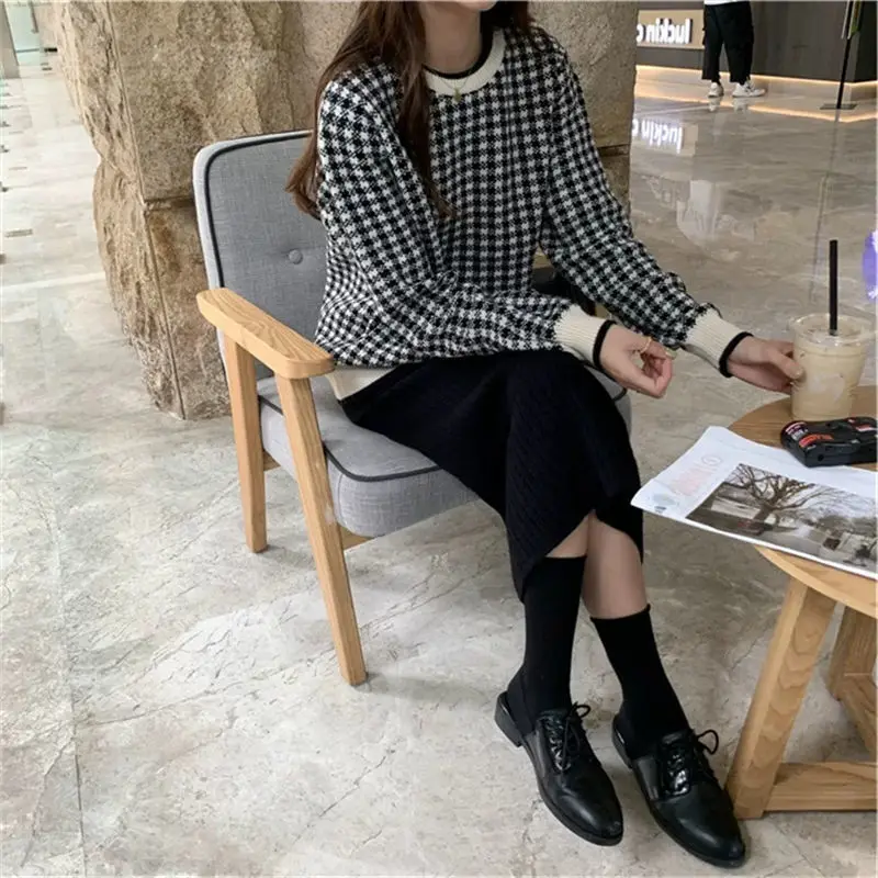 Пуловеры женские клетчатые вязаные свободные в стиле преппи с круглым вырезом