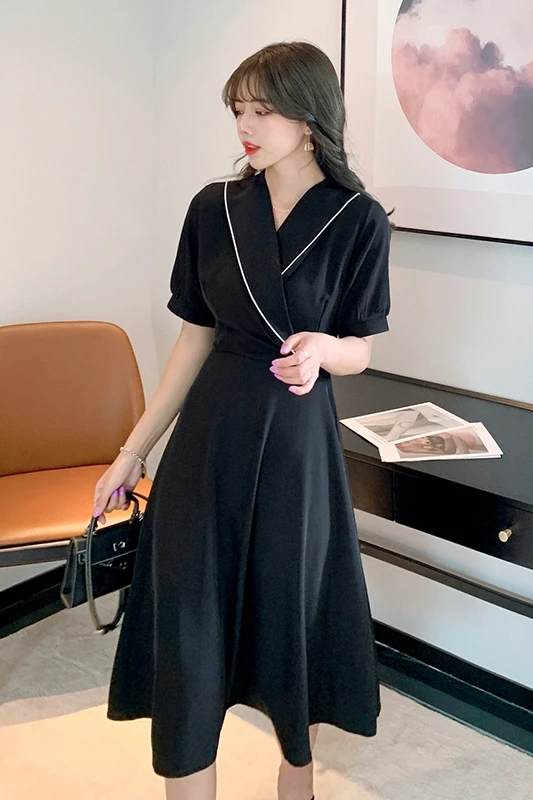 

Uulutonica Summer Women Lady Elegant Fashion A-line Solid Short Belt Mid-calf Empire Notched Dress