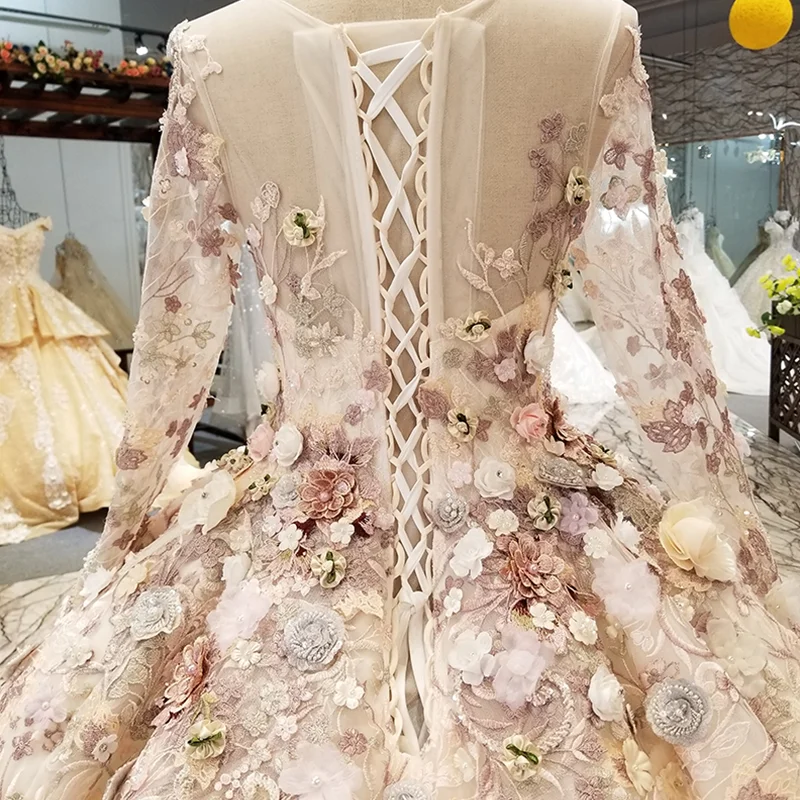 LS3211 luxury dubai evening dress long sleeves o neck 3D flowers floor length ball gown women occasion can make for muslim | Свадьбы и
