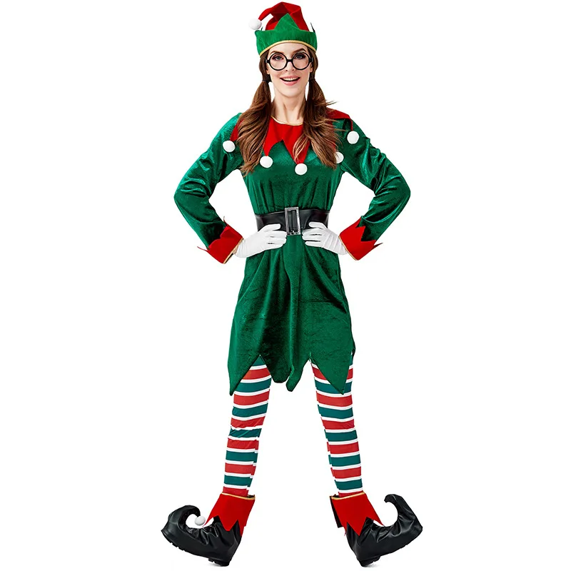 

Green Elf Girls Christmas Costume Festival Santa Clause for Women New Year Clothing Fancy Velvet Dress Xmas Party Cosplay Dress