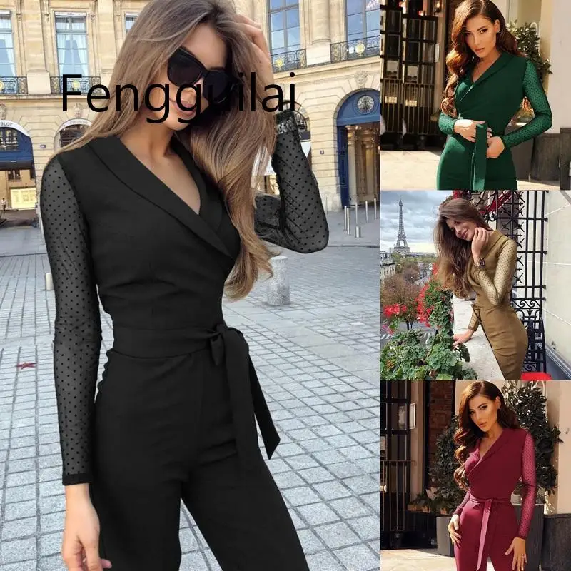 2021 Autumn Spring New Fashion Long Sleeve Polka Dots Patchwork Elegant Women Body Femme Bodycon Jumpsuits One Piece Tops