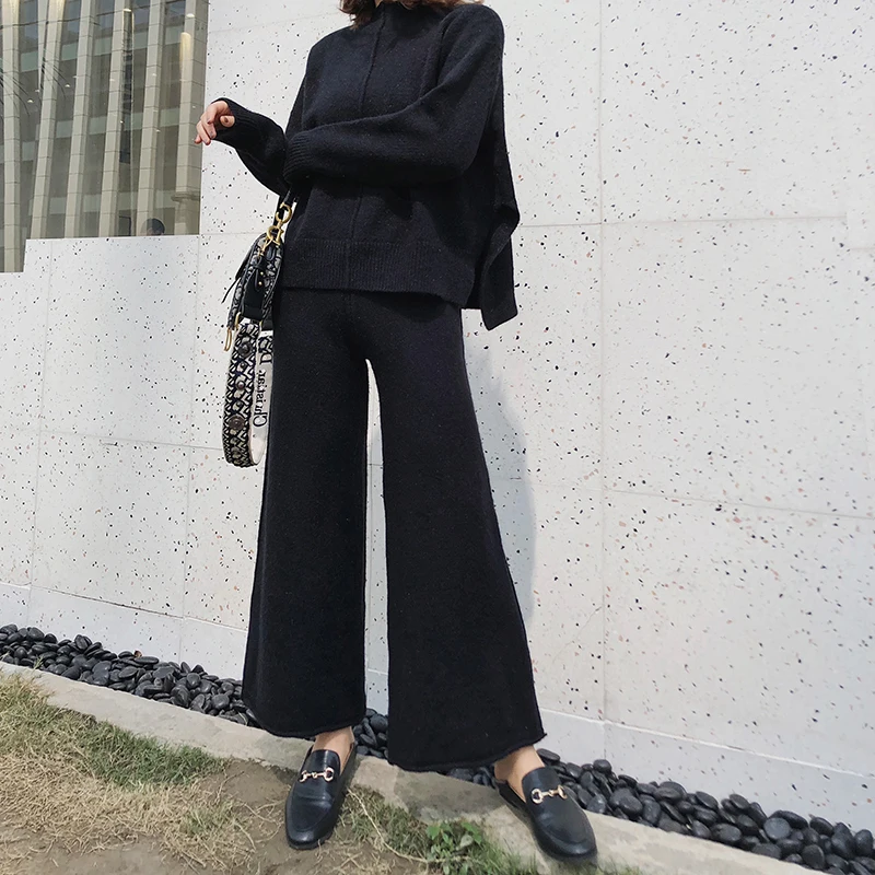 

CBAFU Casual Solid Knitted Sweater Pullovers + Wide Leg Pants Loose Autumn Winter Two Piece Set Pocket Elegant Tracksuit F757