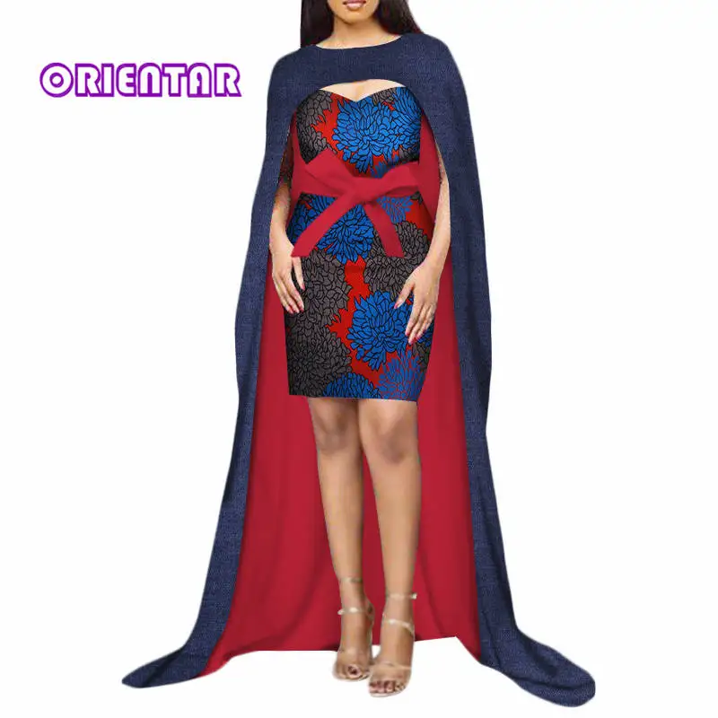

Fashion Women African Dresses with Long Cloak Bazin Riche African Print Short Bodycon Dress Evening Party African Clothes WY450