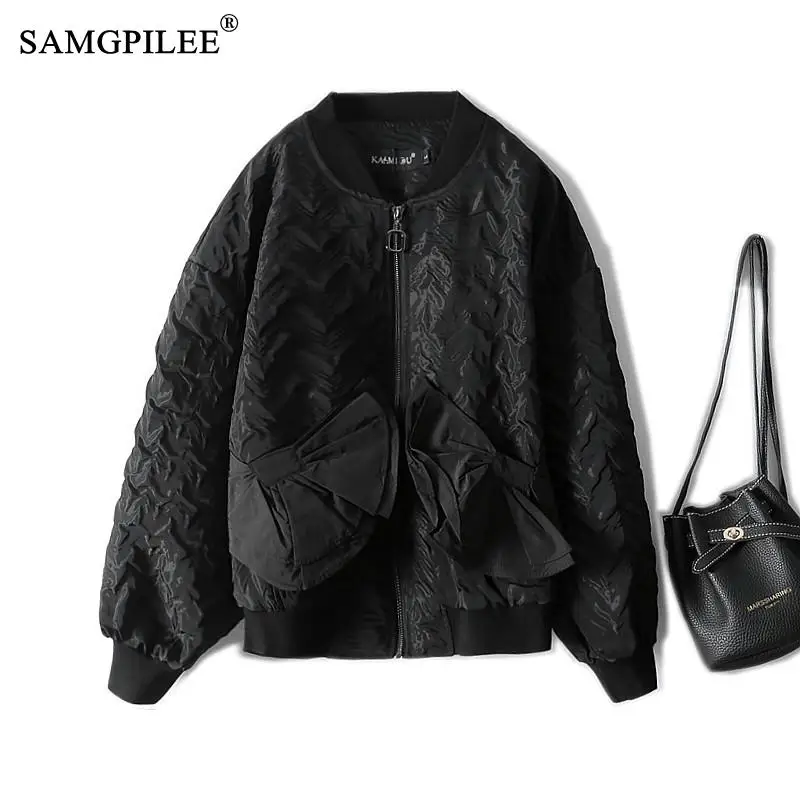 

Женский бейсбольный кардиган с воротником-стойкой, куртка с длинным рукавом и бантом, с карманами, Европейский стиль, 4XL, осень 2021