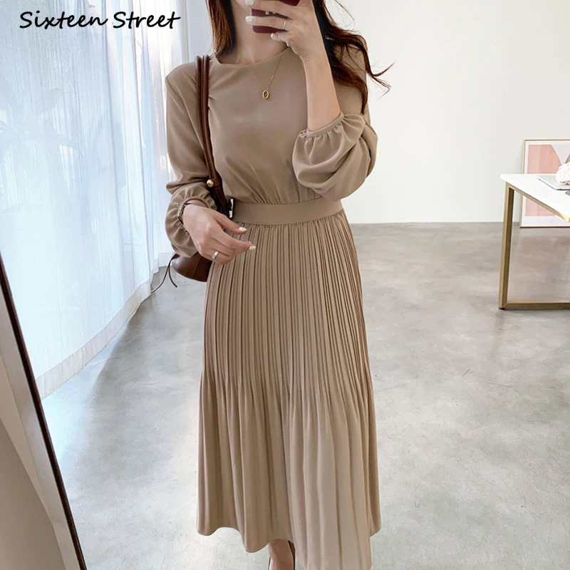 

Khaki Pleated Dress for Woman O-neck Vintage Elegant Maxi Vestido Dress Autumn Korean Chic Long Sleeve Dresses Clothing Fall