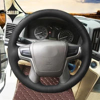 diy car steering wheel cover for toyota land cruiserprado crown 2015 2020 genuine black leather stitching custom holder