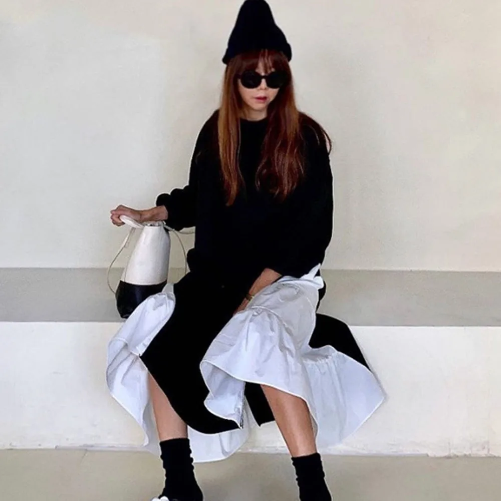 Женское Ассиметричное платье до середины икры черное или белое лоскутное