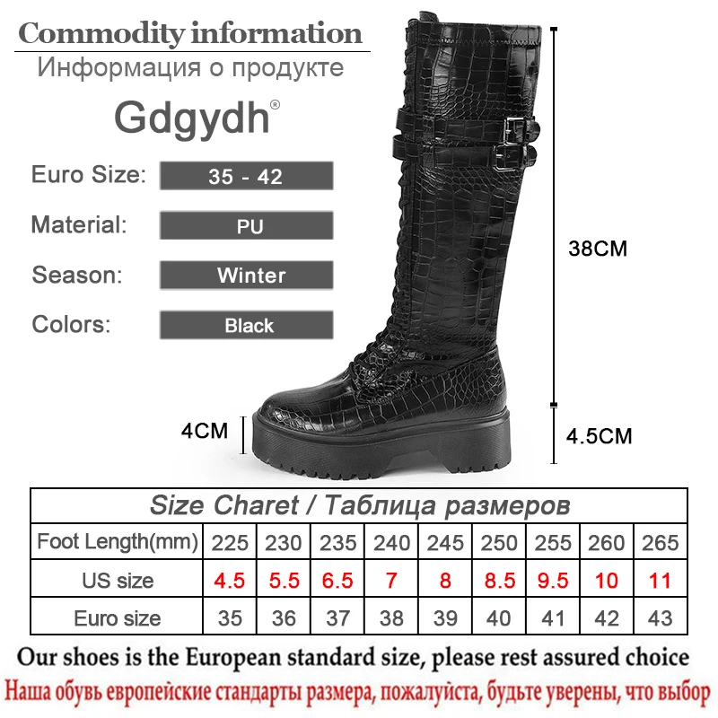 

Gdgydh Sexy Crocodile Knee High Boots Women Chunky Boots Pocket Platform Boots Punk Gothic Winter Shoes Leather Buckle Belt