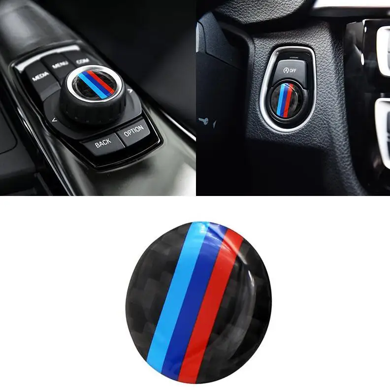 

1Pcs 29mm Carbon Fiber one-button start Multimedia audio control buttons cover Sticker For BMW 1 3 4 5 7 Series X1-X6 E Series