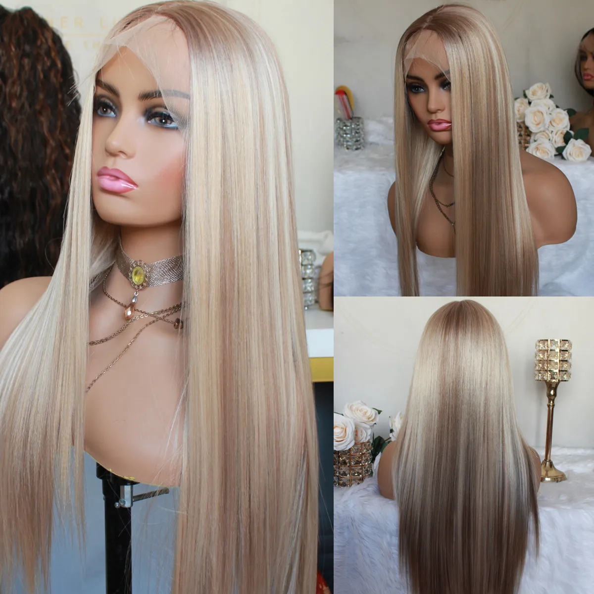 Blonde Lace Front Wig Highlight Wig Ombre Synthetic Hair Silk Base Closure Wig Middle Part Long Straight Hair