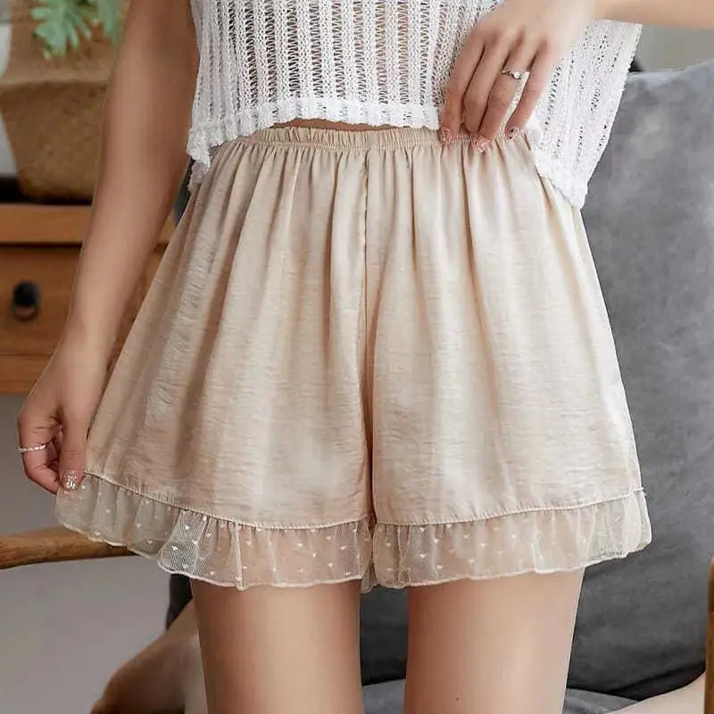 

Women Sleep Shorts Lace Mesh Patchwork Ladies Pijama Shorts Summer Fresh Cool Breathable Casual Safety Shorts Bottom Under Skirt