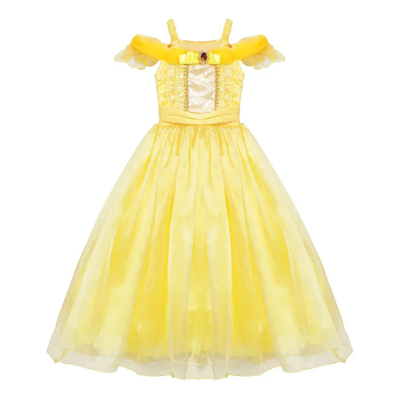 Only Dress Платье принцессы Белль для девочек; карнавальный костюм; Детские Вечерние платья желтого цвета с открытыми плечами; платья на Хэллоуин с короной и волшебной палочкой - Цвет: Only Dress