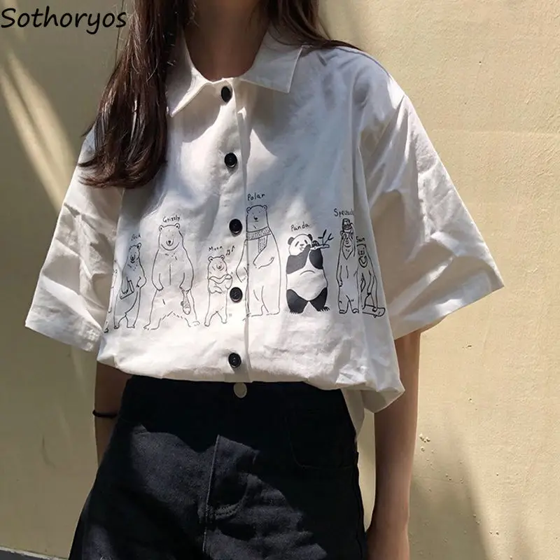 Blouse Women Shirts Turn-down Collar Summer Harahjuku Streetwear Printed BF Fashion Womens Vintage Elegant Students Ulzzang Chic