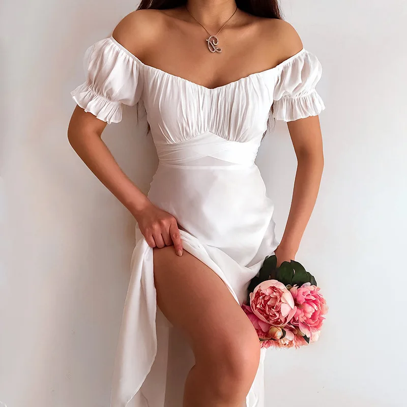 

Vintage Off Shoulder Midi Dress Women High Waist Short Sleeve Ruffle Beach Dress Solid A-Line Summer Dresses