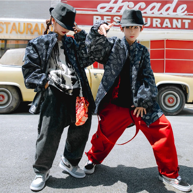 

New Loose Denim Jacket Hiphop Pants Suit Jazz Performance Costumes Boys Hip Hop Dance Costumes Girls Street Dance Wear DQS8134