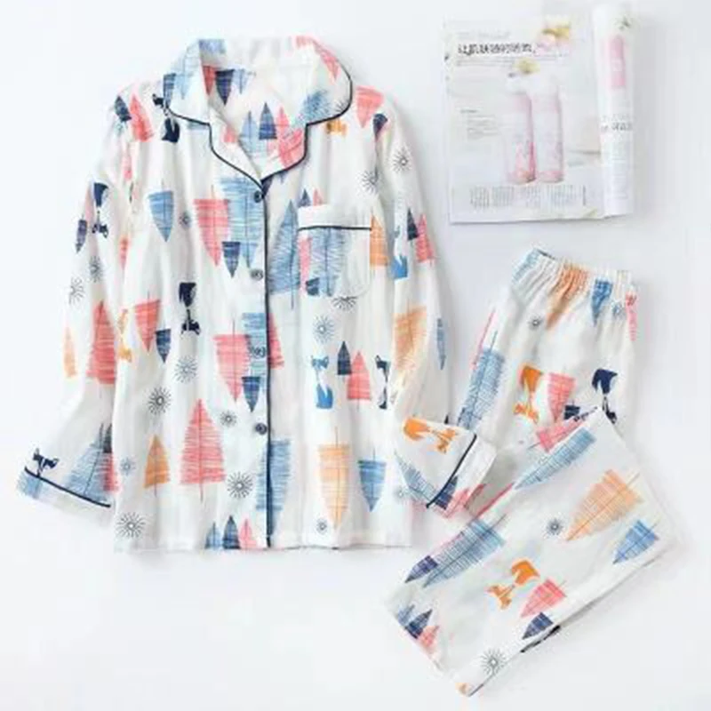 

JULY'S SONG Cotton Casual Sleepwear Simple Female Nightwear Long Sleeve Homewear Pajamas Ladies Korean Printed Pajamas Set