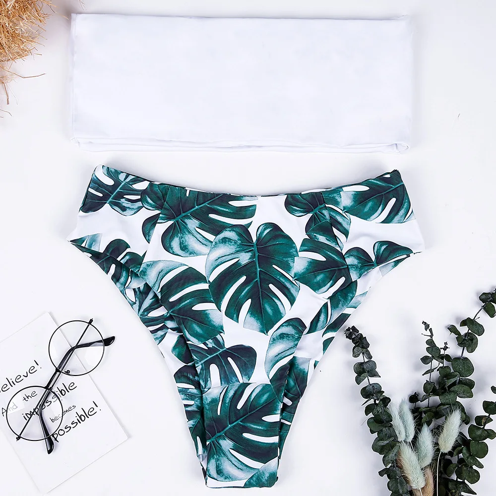 2020 new sexy swimsuit leaf print, strapless one-neck Bikini double-sided, high waist sexy split swimsuit two piece bathing