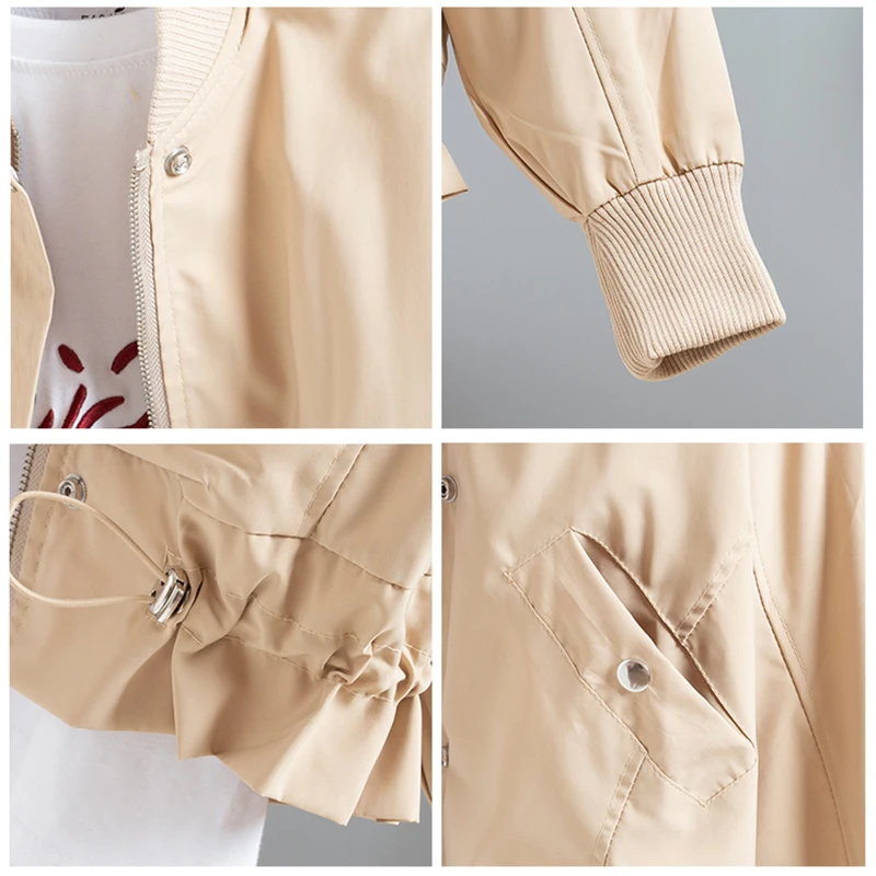 

Women Trench Coat New Korean Loose Large Size Student Drawstring Baseball Uniform Colid Zipper Windbreaker Female Outerwear
