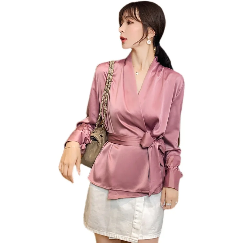 

Fashion Women spring Autumn solid color V-Neck Satin career elegant lady belt slim tops full sleeve shirts