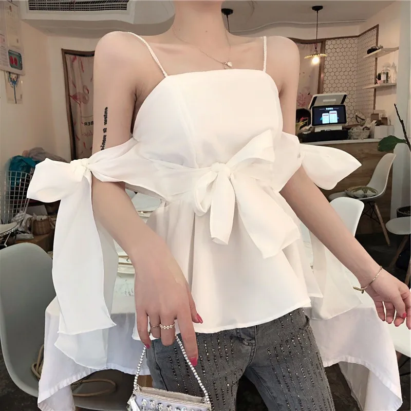 Heliar женские блузки с открытыми плечами бантом на тонких бретельках Harajuku белая