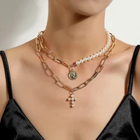 vintage double pearl splicing portrait cross pendant chain choker necklace for women goth collar necklaces punk trend jewelry