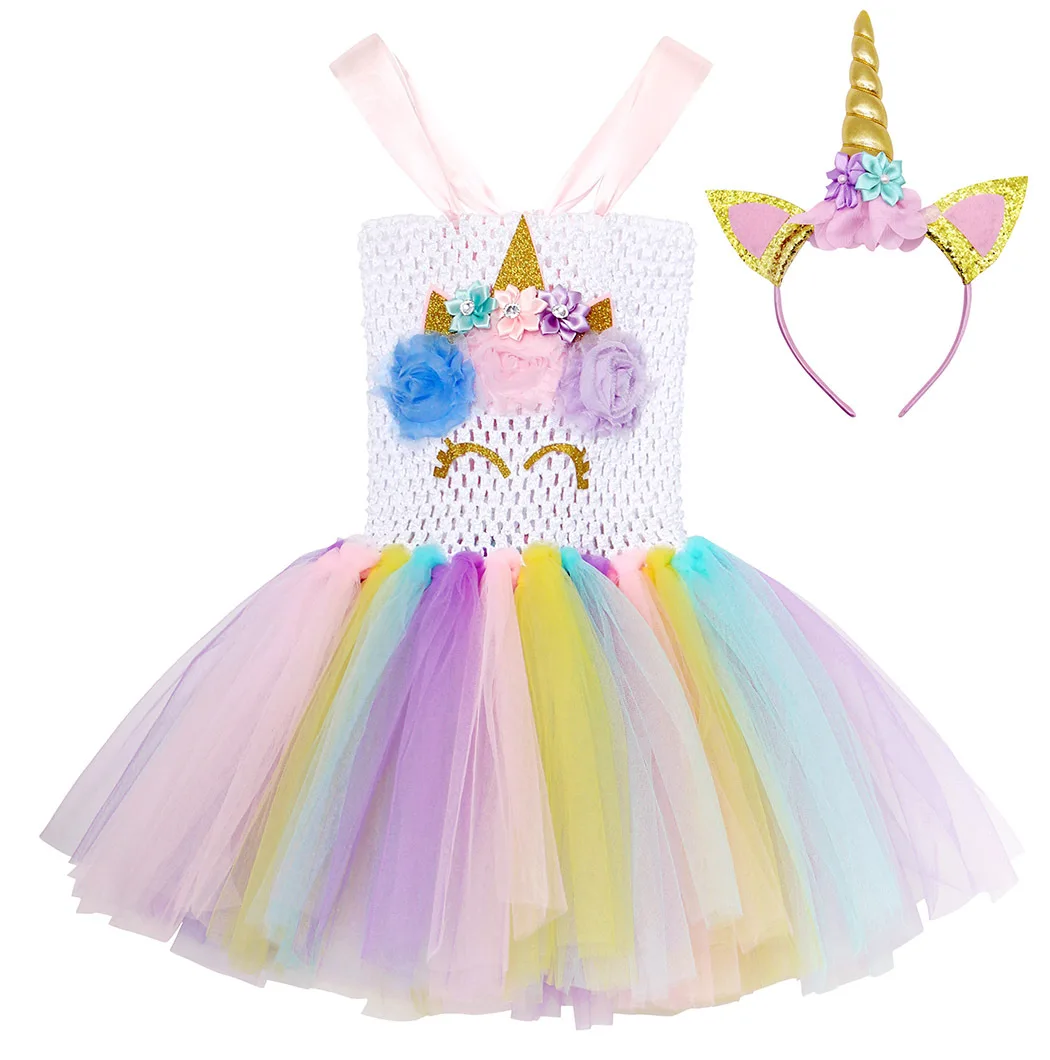 Unicorn Tutu Dress With Headband Fancy Girl Party Dresses Halloween Cosplay Rainbow Tulle Princess Kids Costumes | Тематическая