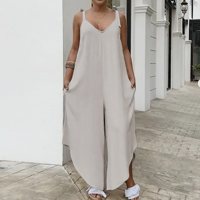 

Chifirena Plus Size Vintage Cotton and Linen Jumpsuits Loose Irregular Oversized Rompers Home wear Leisure Overalls for Women