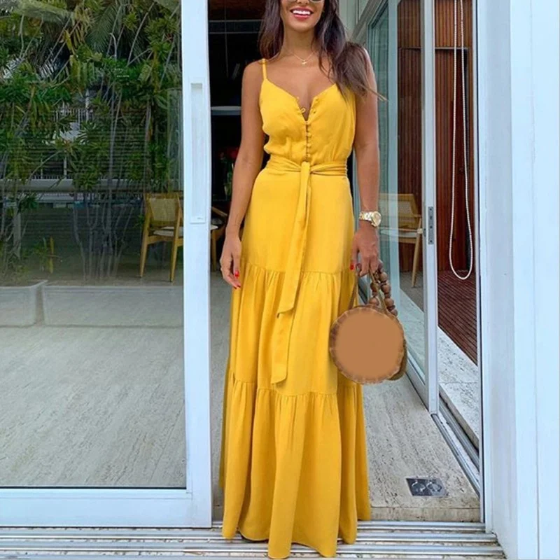 

2021 Summer Bohemian Dress Sleeveless Tie V-neck Party Bandage Beach Tie Dress Casual Long Skirt Dress XL Dress Apparel New