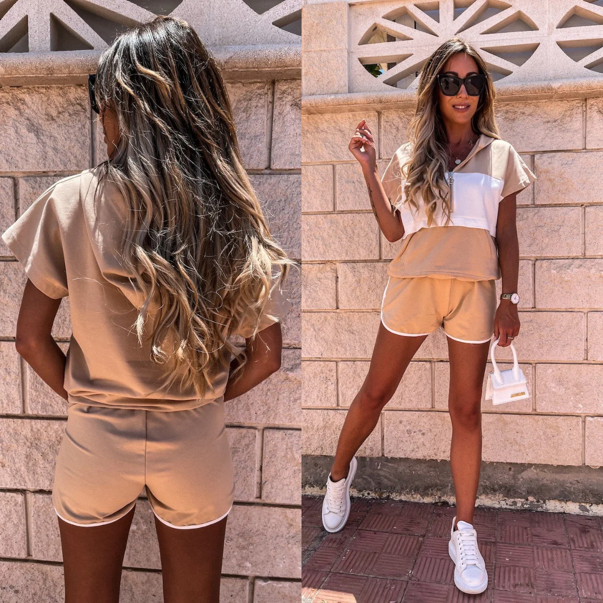

2021 New Summer Women's Casual Stitching Hooded Pocket Short Sports Suit Short Sleeve Tops + Shorts Two-piece Suit Outfits