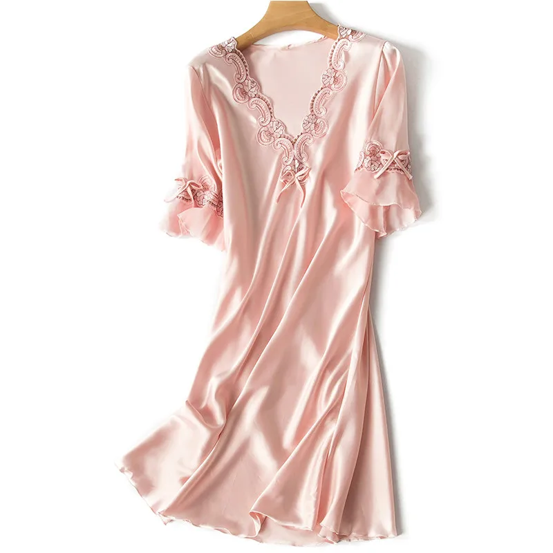pink colour Модная Пижама Корейская версия ледяного шелка с Коротким Рукавом Кружевная юбка домашняя Ночная сексуальная пижама женское шелковое белье платье для сна - Цвет: pink colour
