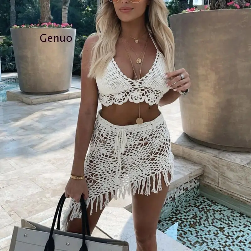 Женская Асимметричная пляжная одежда сексуальная бандажная вязаная крючком