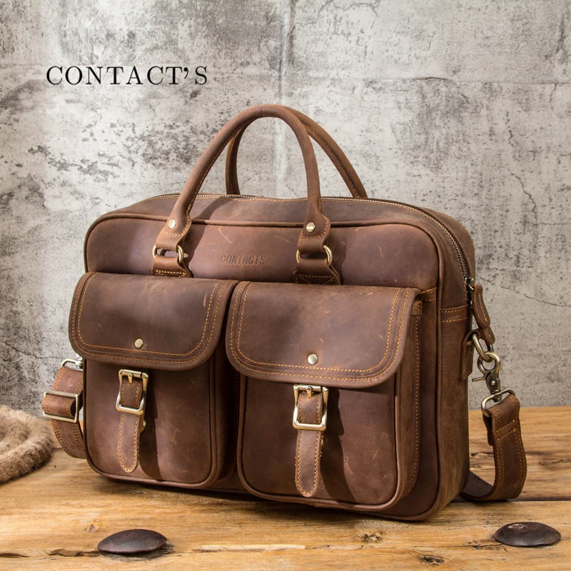 New Crazy Horse cowhide men's business luxury briefcase can hold 15.6-inch laptop Design designer tote genuine leather men bag