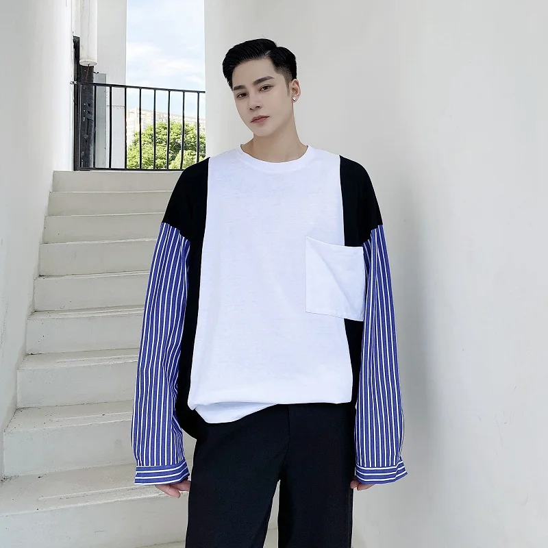 

tshirt Men Streetwear Fashion Stripe Splice Long Sleeve Casual Loose T-shirt Male Youth Hip Hop Tee Shirt
