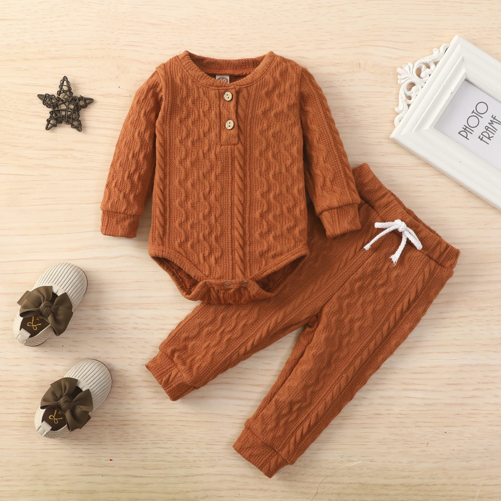 

Baby Girl Playsuit Tops Pants Suit Long Sleeve Round Neck Button Bodysuit Knitting Casual Trousers Set