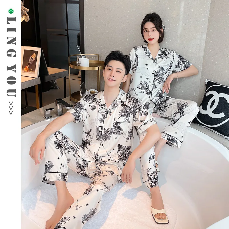 Women's Pajamas Set Turn Neck Design Luxury Cross Letter Print Sleepwear Silk Like Home Clothes XXL Large Size Nightwear
