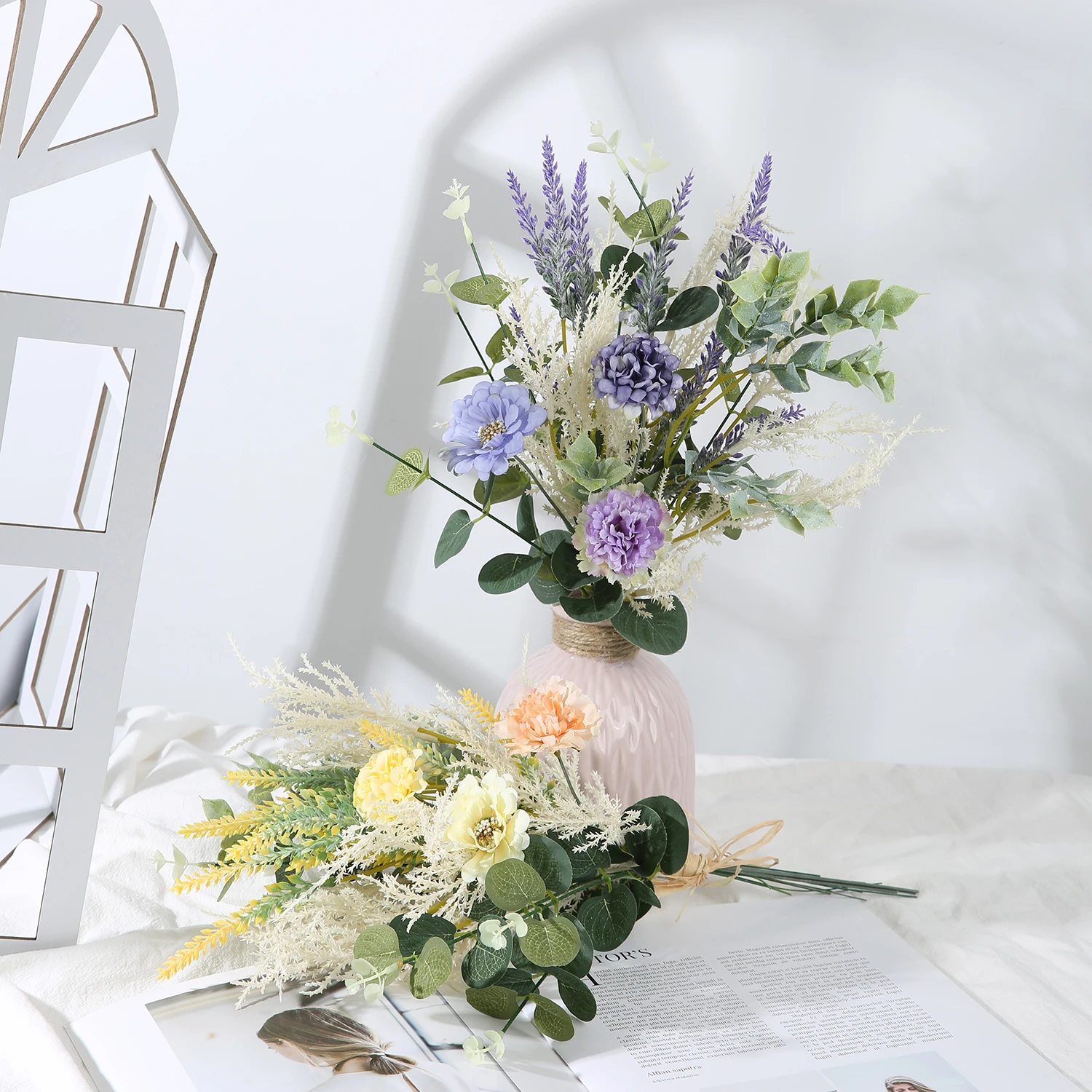 

Peony Flowers In Hand, Eucalyptus Leaves For Home Decoration, Wedding Scene Setting, Hotel , Office, Indoor Tabletop Display