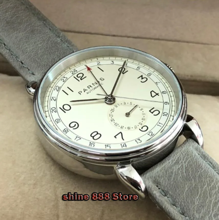 Мужские автоматические механические часы Parnis с кожаным ремешком 42 мм GMT|Мужские