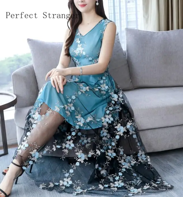 Женское длинное кружевное платье с V-образным вырезом без рукавов | Женская